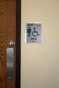 restroom door with signage on