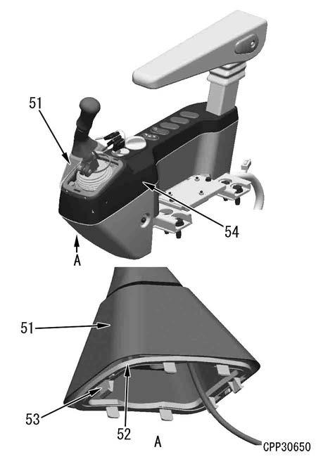 Reference: Precautions for removing work equipment control lever Push lock (53) of plastic frame (52) in boot (51) with a flat-head screwdriver, etc.