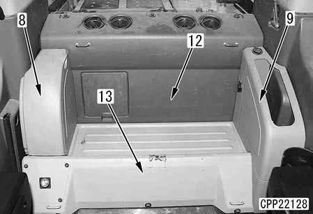 a Make sure that the assembly is certainly locked. 4. Remove front lower window (2). 5. Remove floor mat (3). k If refrigerant gas (R134a) gets in your eyes, you may lose your sight.