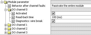 Parameters/Module parameters: Assignment of the channels: DO channel 0 Channel 0 switches the two contactors K1 and K2 Parameterization of the channels: Response to channel faults In case of a