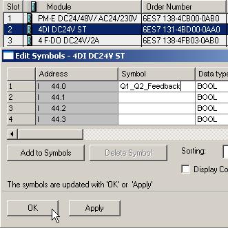 Settings for the read-back signals Can be accessed by double-clicking on "4DI DC 24V ST" (see overview screen).
