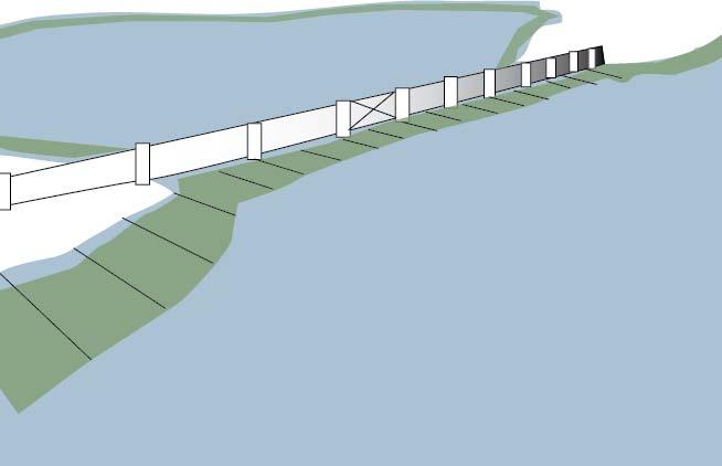 A proposed skirt of submerged floating SAV beds attached to barrier and shoreline.