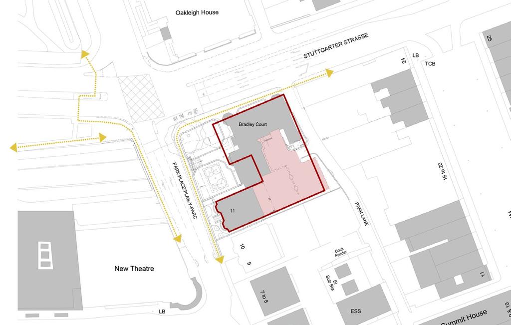 SUMMARY OF ACCESS REQUIREMENTS Parking: Accessible car-parking spaces (Blue Badge) will be provided on street MAIN PEDESTRIAN ROUTES OUTLINE OF PROPOSED BUILDING EXISTING PARKING AND SERVICE BAY