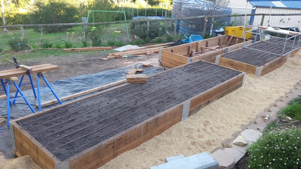 Here you can see the different ground levels beneath the beds. Three beds are now constructed, two are filled with soil and have drip irrigation lines in place.