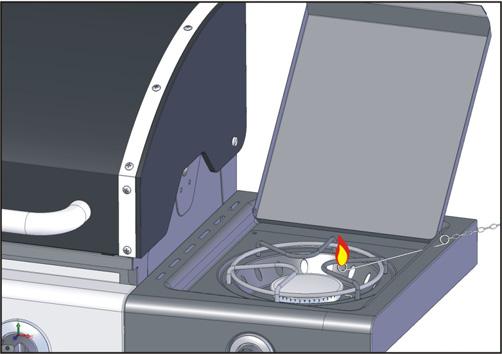 This may damage parts of the grill and cause a fire. Lighting Side Burner 1. Open lid while lighting the burner. Lid must remain open while burner is lit. 2. Valve must be in the OFF position. 3.