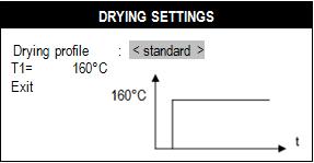 13.4 Drier operation parameters setting To obtain propers results of the measurement of the density the parameters must be set as follows: - Drying temperature (max 160oC all interno della camera di