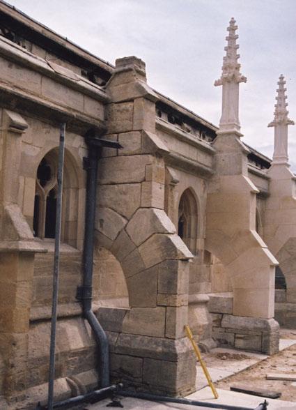Archive 13 Cloister, lavatorium buttresses, 3rd from west (buttress 4); joints cut out.