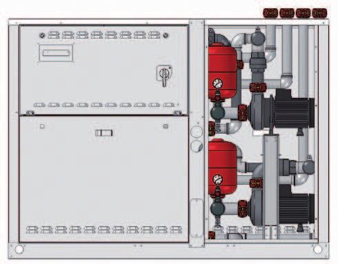 The integrated hydronic unit can be composed of: - Horizontal one-piece centrifuge pump - Pump inlet pressure gauge - Discharge valve - Air vent - 3 bar safety valve - Expansion tanks pre-pressurised