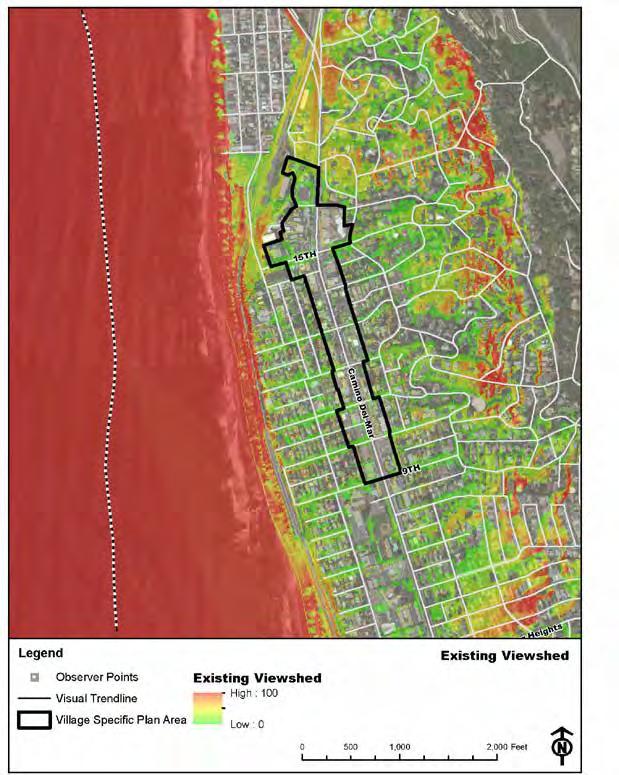 Figure 4-4: Viewshed Trendline with Existing Buildings along CDM Viewshed of the trendline (dashed line) on the ocean determined to be the most visible part of