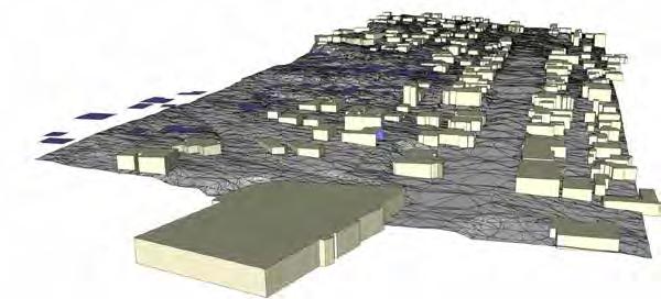 Computer model outputs showing existing buildings (top), maximum