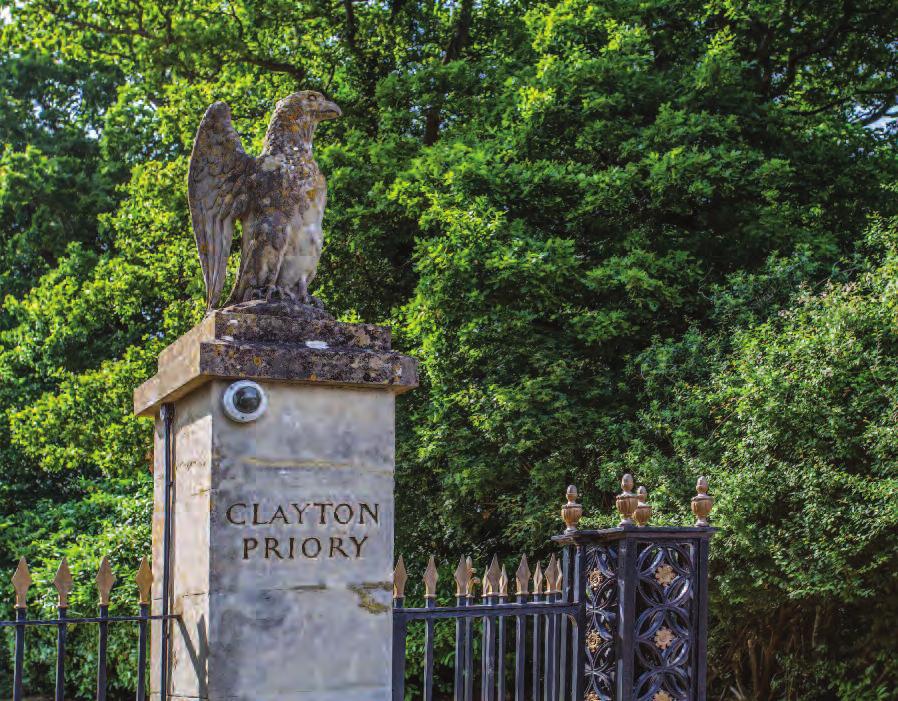 GARDENS & GROUNDS Clayton Priory is approached through impressive electrically operated wrought iron gates, which are flanked by curved brick walls and pillars surmounted by twin eagles.