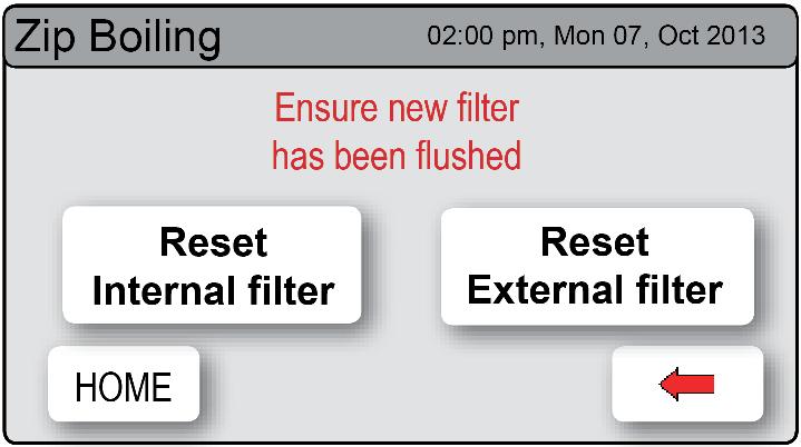 After replacing the filter, the counters should be reset. Press the [MENU] button for main Press the [Install] button. Press the [Filter Reset] button.