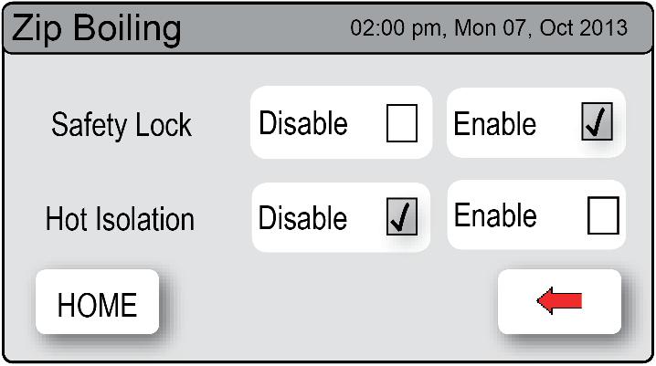 Boiling ambient models To allow the safety setting to be changed using the touch screen (Classic and Elite) Press the [MENU] button for main Press the [Settings] button.