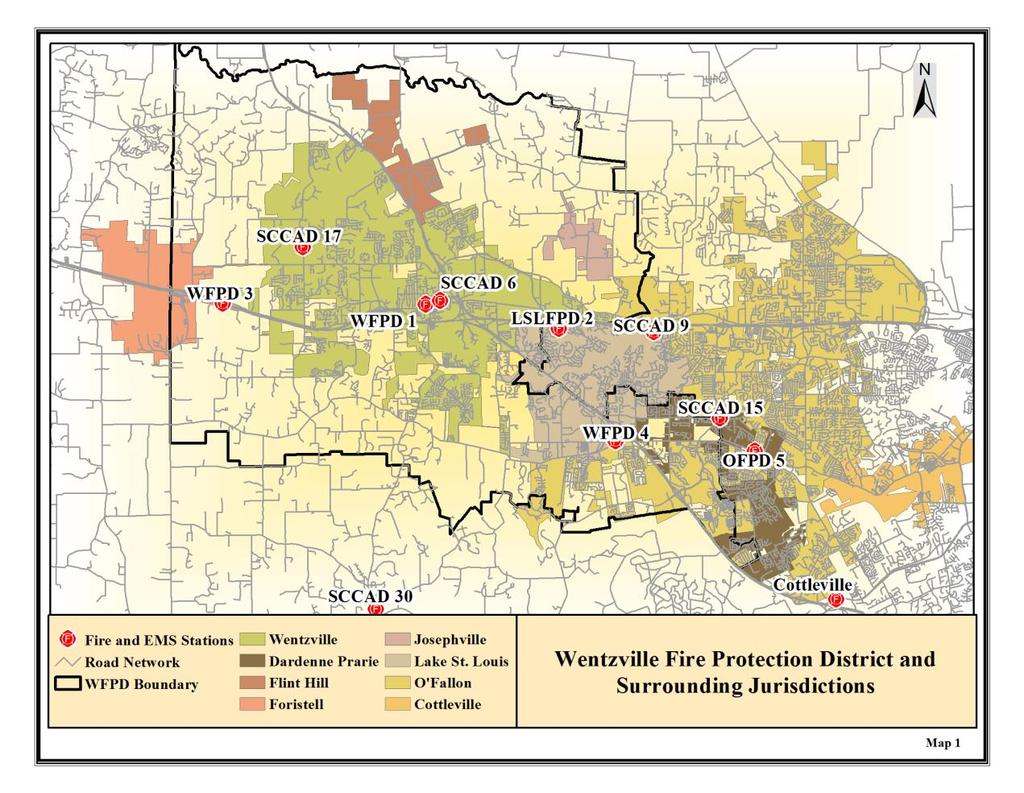 MAP 1 Map 1 indicates the Wentzville Fire Protection District boundaries as well as the individual jurisdictions provided emergency services by the WFPD.