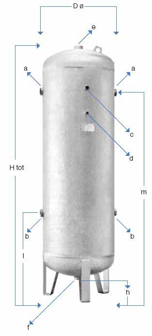 V HP - Air & Nitrogen receivers Painted high pressure vessels Capacity (L) 500 1000 2000 3000 4000 5000 Pressure (barg) 16 16 16 16 16 16 Diameter Ø 600 800 1000 1200 1430 1430 H tot (mm) 2055 2315