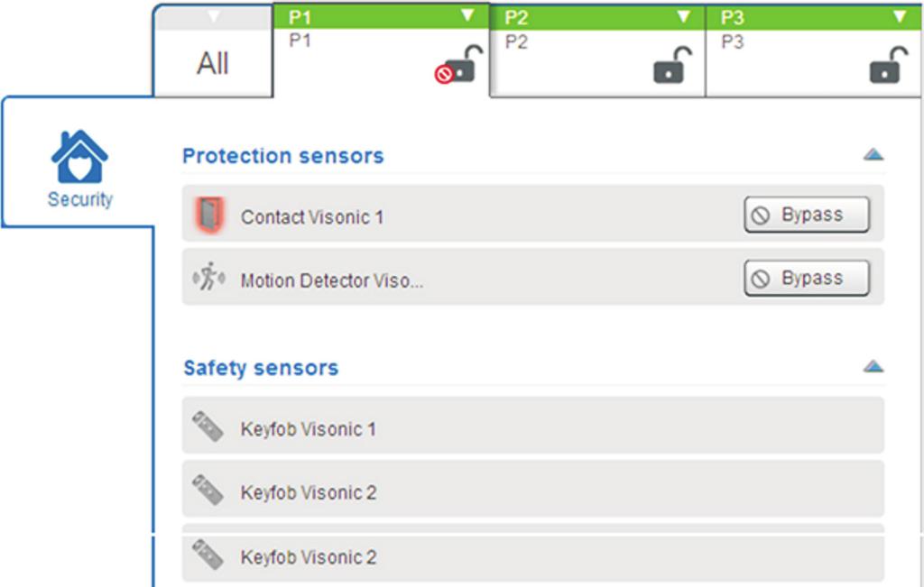 7. FEATURES OF THE ADT SMART HOME/BUSINESS ALARM PANEL For example: in the picture below, the first partition is not ready to set due to the security sensor labelled Contact Visonic 1 being tripped: