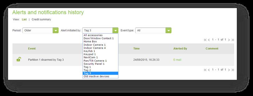 11. ACCESSING HISTORY LOGS Filtering events by accessories It is possible to view all the events associated with a given sensor, whether this sensor is paired with the ADT Smart Home/ Business Alarm
