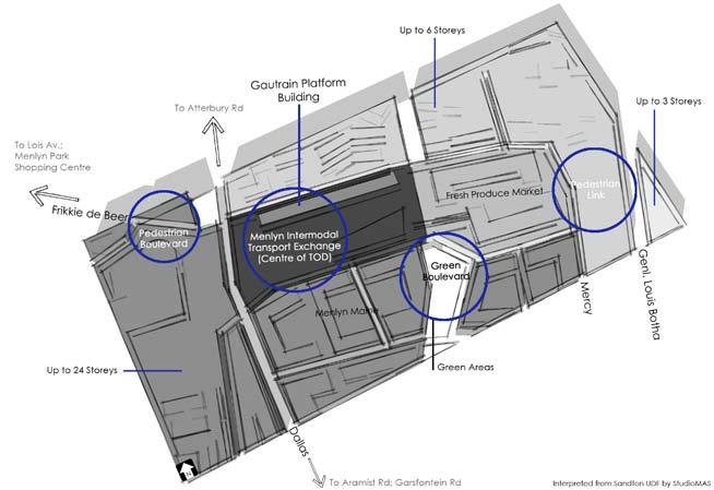 ILLUS. 5.29: Proposed precinct development heights. (Below) ILLUS. 5.30: Precinct plan. (Opposite) Drive will connect the Menlyn precinct with surrounding suburbs (illus. 5.24) and a pedestrian bridge at Lois Avenue should separate pedestrian and vehicular traffic (illus.