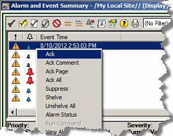 Monitor and interact with alarms at run time Chapter 9 Select the alarms you want to acknowledge, right-click the selected alarms, and