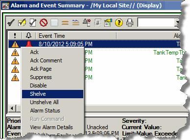 Chapter 9 Monitor and interact with alarms at run time Select the alarm you want to shelve and click the Shelve selected alarm button on the toolbar.