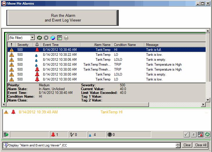Set up historical alarm and event logging Chapter 10 6. Click the Run Alarm and Event Log Viewer button to make the Log Viewer appear in the middle of the client window: 7.