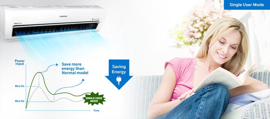 Compared with Samsung conventional model AQ09TSB Save Energy Even When Alone The Samsung Air Conditioner s Single User mode uses less compressor capacity, reducing power consumption*, while still