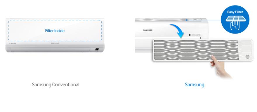 Unlike conventional filters that are often difficult to access, the Samsung Air Conditioner s Easy Filter is located outside, on the top.