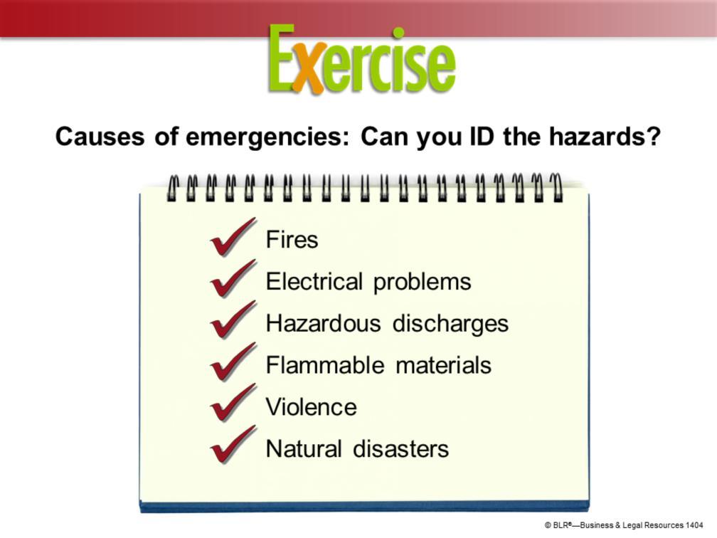 OK, it s time now to test your knowledge of workplace hazards that could cause emergencies. On the screen you see a number of workplace hazards listed.