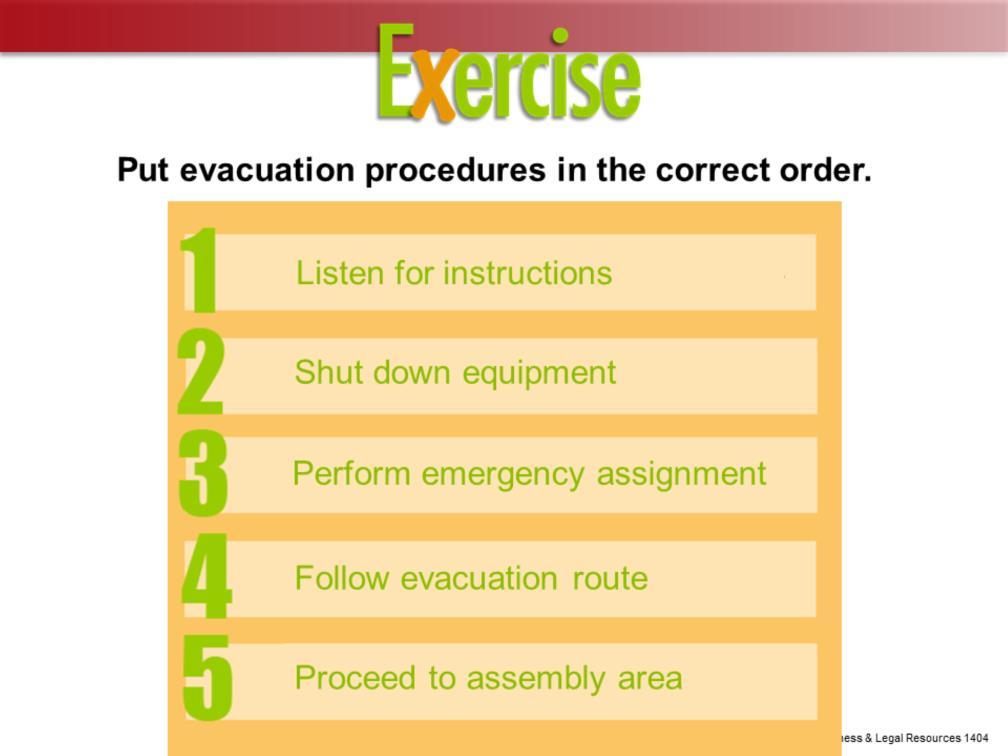 Are you prepared to act effectively if an emergency evacuation is ordered? Let s find out. On the screen, you see the basic steps in the evacuation procedure, only they re not in the right order.