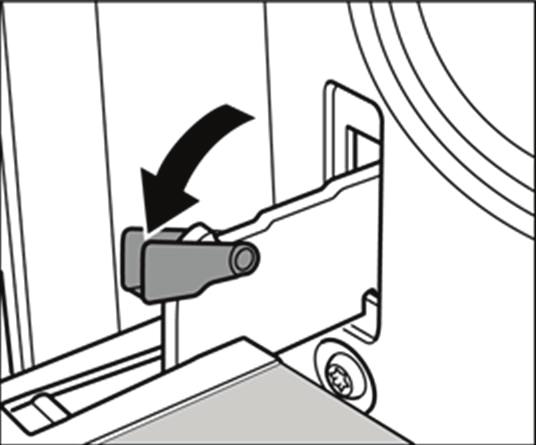 When the locking lever is folded in (A), the appliance door is secured. It cannot be unhinged.