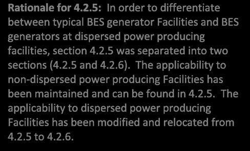 2.5 was separated into two sections (4.2.5 and 4.2.6). The applicability to non-dispersed power producing Facilities has been maintained and can be found in 4.2.5. The applicability to dispersed power producing Facilities has been modified and relocated from 4.