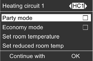 With this function, DHW is reheated to the selected set temperature. 2. Heating 3. Select the heating circuit, if necessary (see page 14). 4. Party mode 5.