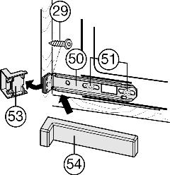 ) Tightly screw the appliance into place in the recess: u At the top and bottom of both doors with Spax screws Fig. 17 (28) passed through the hinge plates. Fig. 17 On the handle side at the top: u Loosen the screws Fig.