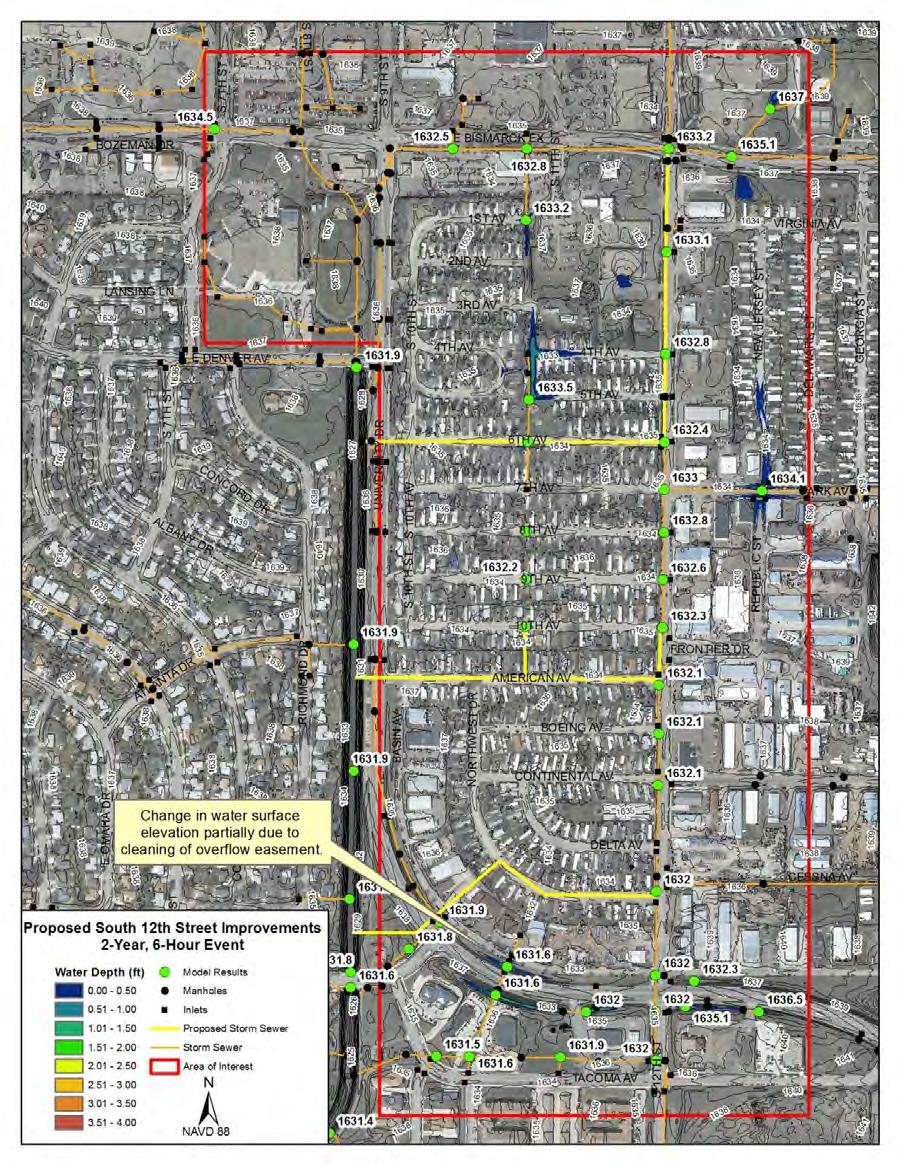 Figure 6. South 12 th Street Proposed Conditions, 2-Year Inundation Map 1.1.2 South Bismarck Bypass Due to the proposed improvements near 12 th Street only having benefits on the more frequent events, a more comprehensive solution was sought.