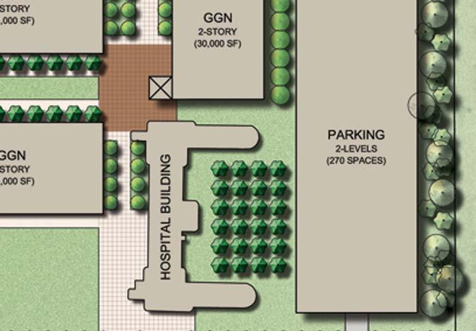 A drop-off service access and circular drive is located to the east of the two-story building.