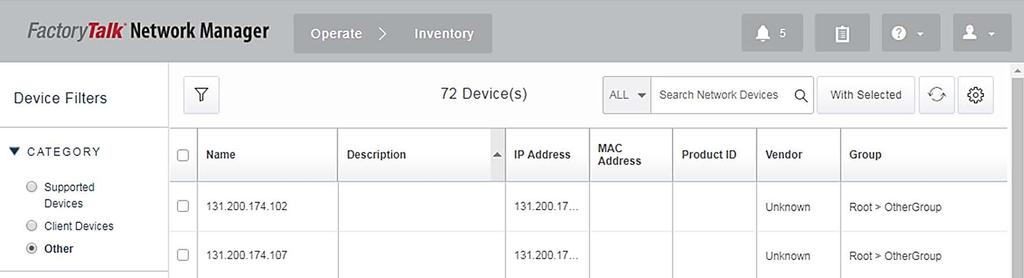Inventory View Auto Discovery EtherNet/IP CIP/PROFINET Routers/switches End devices Search Link