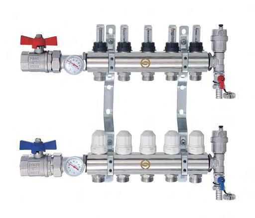 Includes 4 manual check valves, air vent, drain port, a 1 ball valve and 4 pipe joiners which can be removed to expose 1/2 threads. Also includes stainless steel manifold joining brackets.