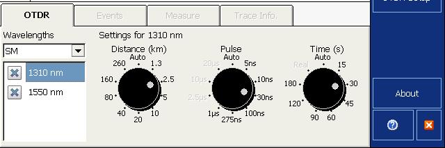 Testing Fibers in Advanced Mode Setting Distance Range, Pulse Width, and Acquisition Time To set the parameters: From the OTDR tab: Press the dial corresponding to the parameter you wish to set (the