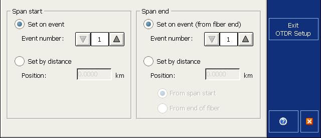 Testing Fibers in Advanced Mode Setting a Default Span Start and Span End To change the default span start and span end for traces: 1. From the button bar, press OTDR Setup. 2.