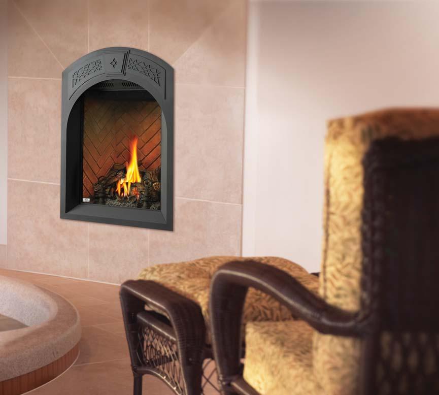 The Park Avenue GD82 Tall, slender, European design Remote Hand-held modulating thermostatic remote control included Shown with Sandstone Herringbone decorative brick panels, arched facing kit with