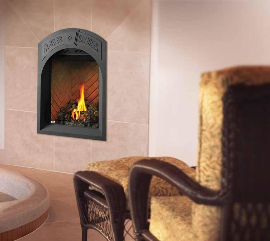 T he Park Avenue GD82T-PA Tall, slender, European design Modulating thermostatic remote control included Shown with Sandstone Herringbone decorative brick panels, arched facing kit with Heritage