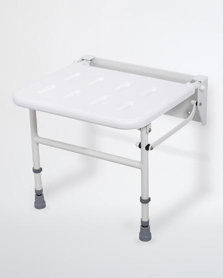 Seats Adapted bathroom specialists Wall mounted shower seat with legs Code: SEAT UP Height adjustable with durable clip-on moulded plastic seat Non-corrosive aluminium & stainless steel frame