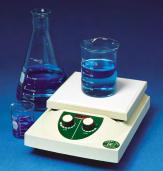 The stirrer features a solid-state control capable of stirring aqueous solutions from 100 to 1500 rpm.
