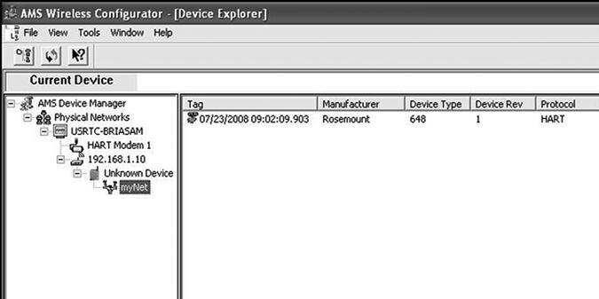 Rosemount 2160 January 2012 AMS Wireless Configurator When the device joins a network, it appears in the Device Manager as illustrated below.