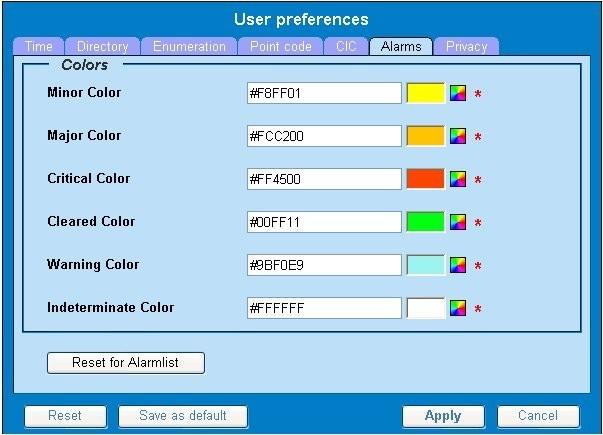 About This Help Text Figure 6: Alarms Page 3. Click the color palette (icon on the right side of the screen) associated with the alarm status color(s) you want to modify.