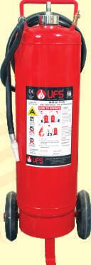 WATER BASED FIRE EXTINGUISHER TROLLEY MOUNTED (GAS CARTRIDGE) Capacity: 50 Litre UFS gas cartridge type water based fire extinguishers are suitable for A fire classes such as wood, paper, clothe,