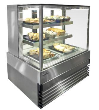 REFRIGERATED DISPLAY CABINETS - SQUARE GLASS Square profile refrigerated display cabinet designed for display of cakes, sandwiches and other ready-to-serve cold foods Uniquely designed gentle air