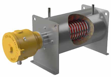 Inlet Outlet Heating element Stainless steel helical coil Connection housing ATEX or non-atex Cast aluminium block Thermal insulation Aluminium casing Cable gland Support Maximum thermal exchange and