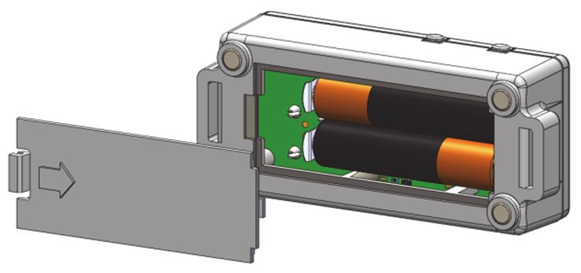 To install or replace the batteries: 1. Open the battery door on the back of the logger. Mounting magnet Battery door Mounting magnets 3. Insert two new batteries observing polarity. 4.