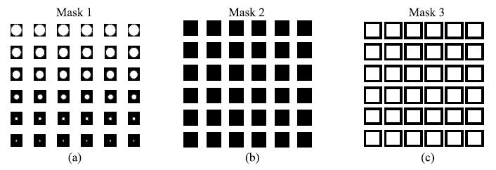 Chapter 2. Materials and Methods Figure 2.5 Mask designs used in fabrication of single pixel detectors The final mesa size of a single-pixel device is 410 x 410 µm.